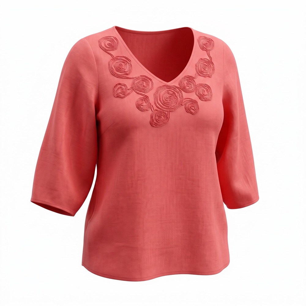 Susan Bristol Linen Tunic Top 1X Coral Rosette Embroidered Boho Lagenlook Pocket